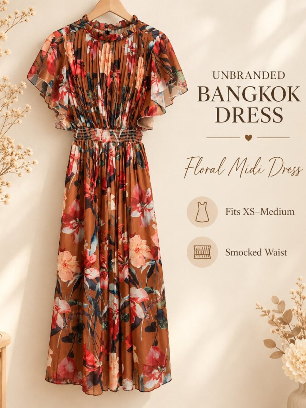 Unbranded Bangkok Floral Midi Dress – Smocked Waist, Fits XS–M